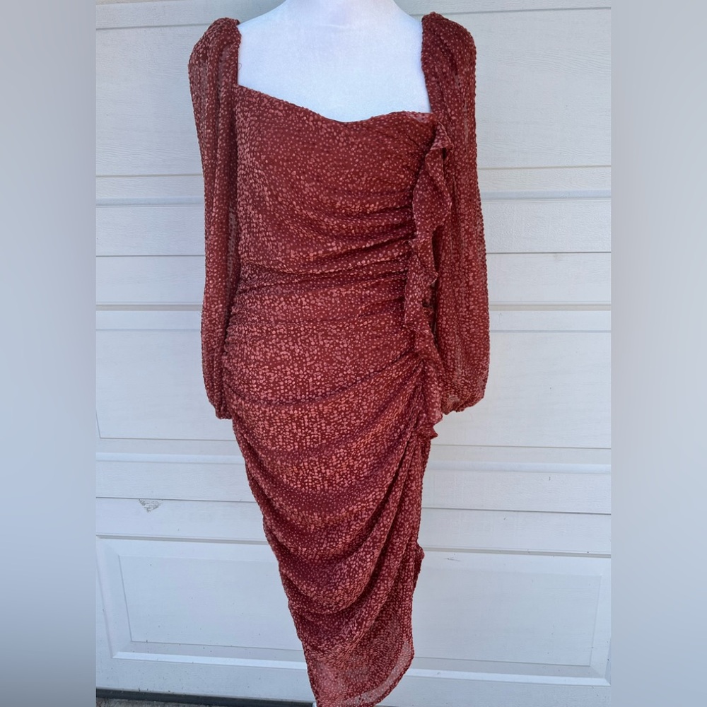 Astr The Label Ruched Rust Midi Dress